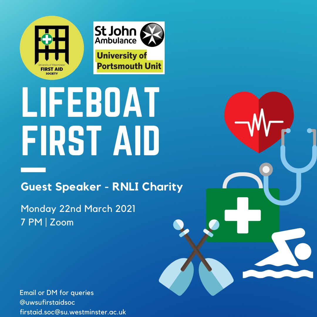 This Monday we will be joining <a href="/SjaUop/">University of Portsmouth St John Ambulance Unit</a> society as they bring us an engaging session lead by the RNLI charity. Learn about first aid equipment used on lifeboats, the training that the a lifeboat crew undergoes and how to handle emergencies in the water.

#firstaid
