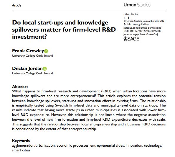 USJ_online's tweet image. What happens to firm-level R&amp;amp;D when urban locations have more #knowledge #spillovers and are more #entrepreneurial? New paper from @decjordan and @frankgcrowley ow.ly/Hv5650E0Wvy