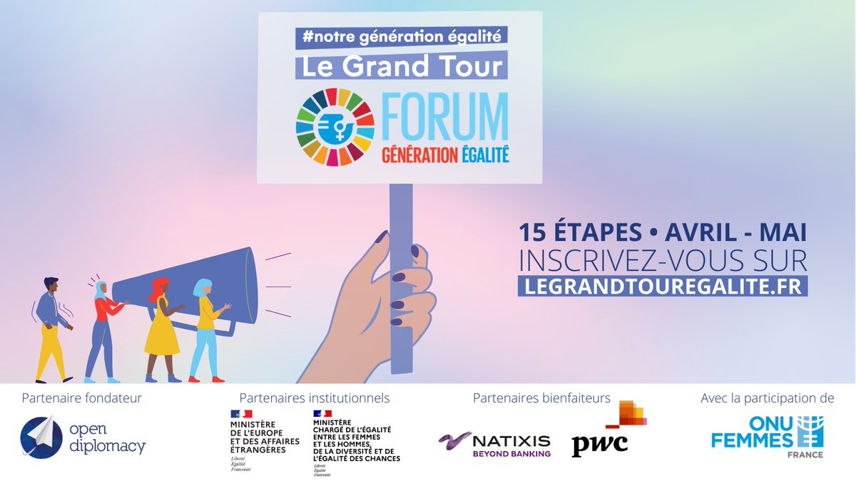 📣 En amont du Forum #GénérationÉgalité, <a href="/opendiplo/">Institut Open Diplomacy</a> a été mandaté par <a href="/francediplo/">France Diplomatie 🇫🇷🇪🇺</a> et <a href="/egalite_gouv/">Ministère chargé de l'Égalité</a> pour organiser le #GrandTour #NotreGénérationÉgalité

📍 14 villes françaises 🇫🇷
🗓 Du 08/04 au 17/05 ➡️ 1ère étape à Lille

🎥 Pour plus d'informations : youtube.com/watch?v=805i2b…