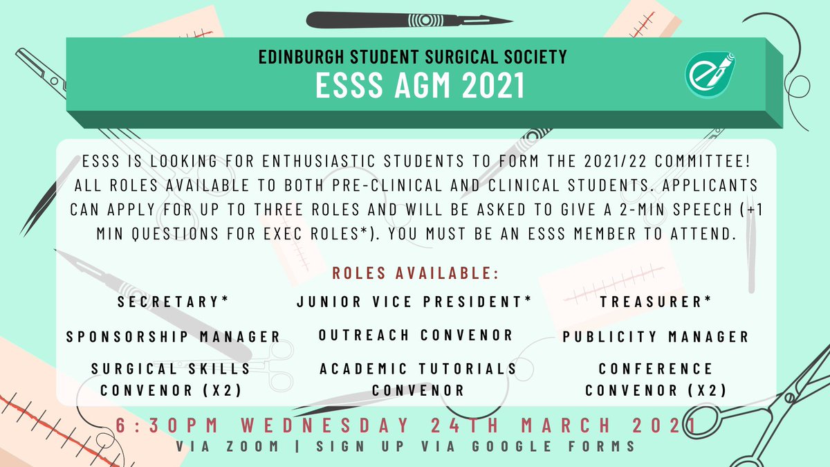 EdSurgSoc's tweet photo. Join us for our AGM on Wednesday 24th March at 6:30pm to elect the 2021/22 ESSS committee!

If you are running for a position, please register via the google forms: https://t.co/Zyb7hUGW6b .

You may apply for up to 3 roles - please prepare a 2 minute speech for each. https://t.co/HApKR5SKvI
