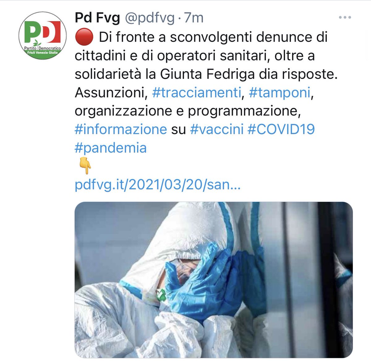 Petiziol's tweet photo. “Sconvolgenti denunce”.
Sempre in ottica collaborativa e istituzionale e, soprattutto, lungi dall’utilizzare la pandemia a fini politici. https://t.co/s8zj6bIdJH