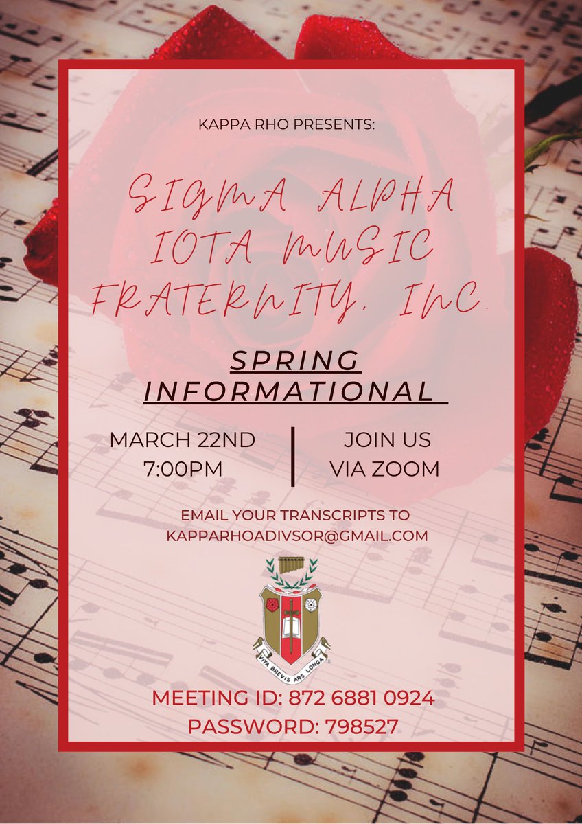 It's that time of year again! Join us on Zoom to learn more about who we are and meet the Kappa Rho Chapter of Sigma Alpha Iota. All ladies (music major or not) are welcome.