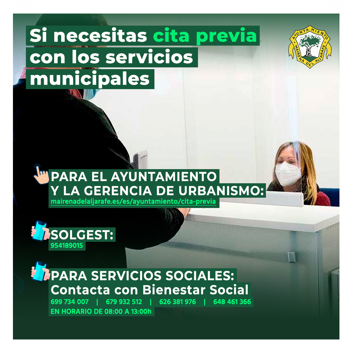 MairenaAljarafe's tweet photo. 📆Si necesitas solicitar 𝗰𝗶𝘁𝗮 𝗽𝗿𝗲𝘃𝗶𝗮 para realizar tus gestiones te dejamos la información de contacto 👇
🏛Para el Ayuntamiento de #Mairena y la Gerencia de urbanismo⤵️
https://t.co/AWqT7Dy9yE
📲Para Bienestar Social y #Solgest ➡️Teléfono https://t.co/t9KM3O5byx