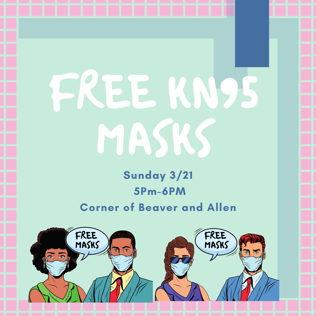 Kn95Project's tweet image. We'll be at the corner of Beaver and Allen Streets tomorrow from 5 to 6 with @allegheniesab to distribute free KN95 masks. Drop by to pick up some PPE and hang around for Alleghenies Abolition's cop watch training!