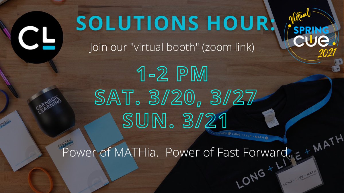 Visit the Solution Hour at the <a href="/carnegielearn/">Carnegie Learning</a> booth at #SpringCUE today and tomorrow from 1-2 to learn about our innovative math, literacy, and world language solutions. 
#longlivemath <a href="/scilearn/">scilearn</a> @cueinc