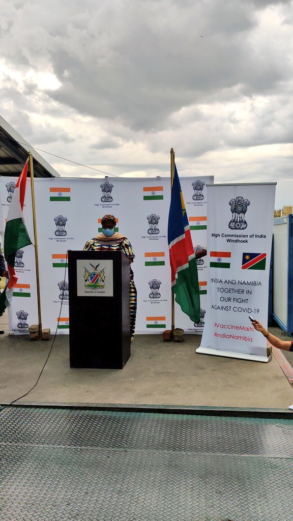 IndiainNamibia's tweet photo. Standing together with our historically close partner.

Grant of Made-in-India #Covishield (Oxford-AstraZeneca) vaccine, from the people &amp; Govt of 🇮🇳, reaches #Namibia 🇳🇦 to help the Land of Brave fight the pandemic.

#VaccineMaitri
#IndiaNamibia

@hagegeingob @NamPresidency https://t.co/JmV28xpqnT