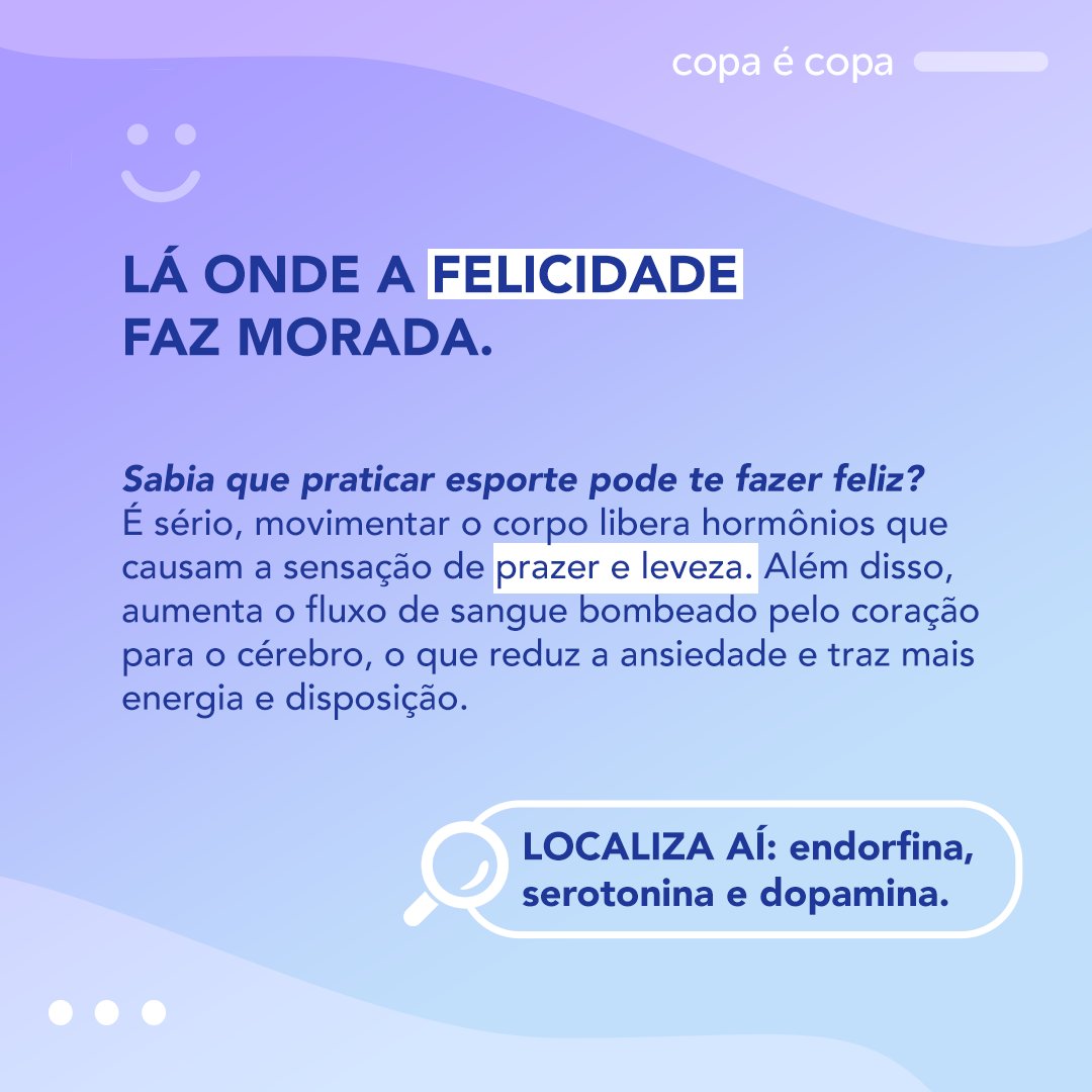 copaecopa's tweet photo. E aí, já fez o corre da serotonina hoje?

Alguns estudos comprovam que praticar esporte aumenta nossos neurotransmissores e atividades na região cerebral, ou seja, nos leva a uma vida melhor.

Felicidade é viver na companhia do esporte 🎵 https://t.co/WhQS6KY4Kq