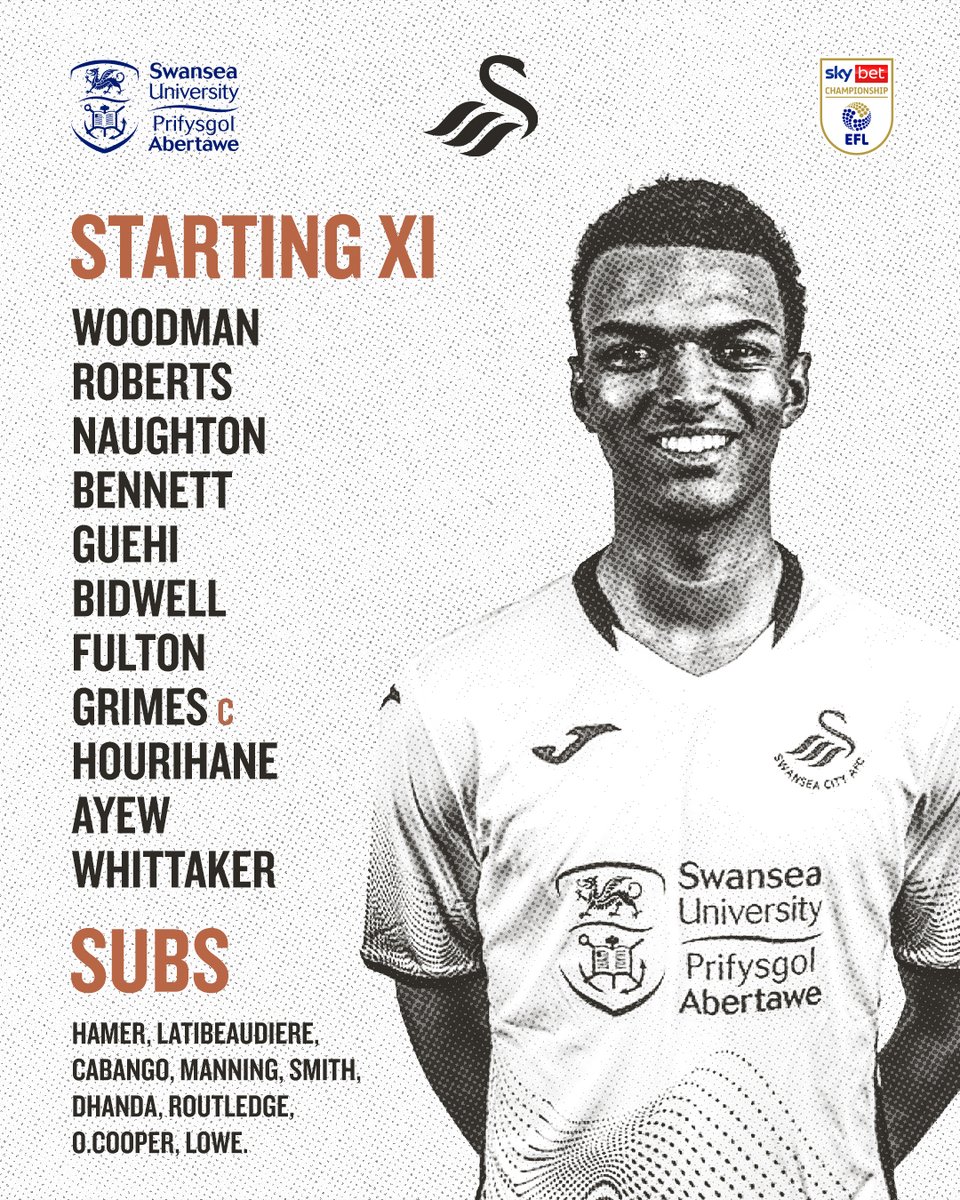 SwansOfficial's tweet photo. ⚠️ 𝗦𝗧𝗔𝗥𝗧𝗜𝗡𝗚 𝗫𝗜 ⚠️

Here's how the #Swans line up for the South Wales derby...

▪️ 4⃣ changes
▪️ Guehi, Bidwell, Fulton and Whittaker all start.  

In association with @SquareRelo https://t.co/g3VNsR7pUm