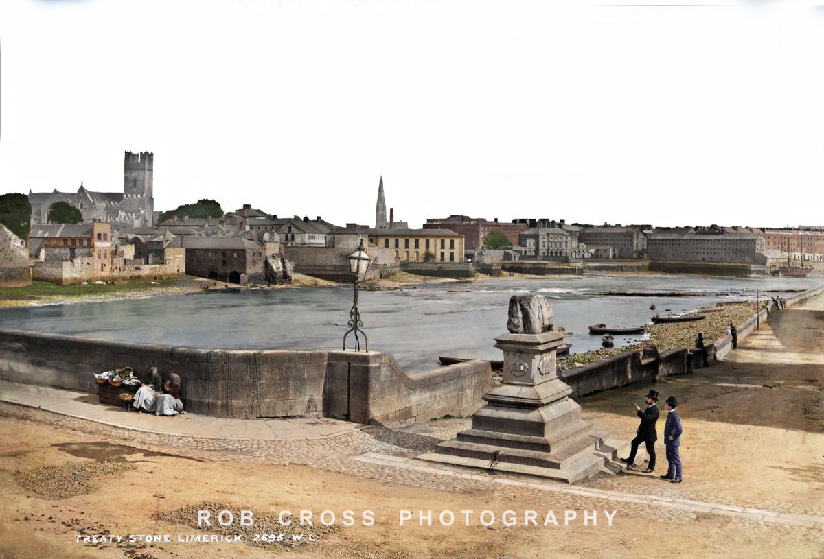 Bringing #Ireland's History to Life.🇮🇪📜⛪️
My restored and colourised c1890s Robert French photo 
of #Limerick City on the River Shannon featuring the Treaty Stone and street traders on Thomond Bridge and in the background the cathedrals of St Mary's and St. John's.
#TheWayWeWere
