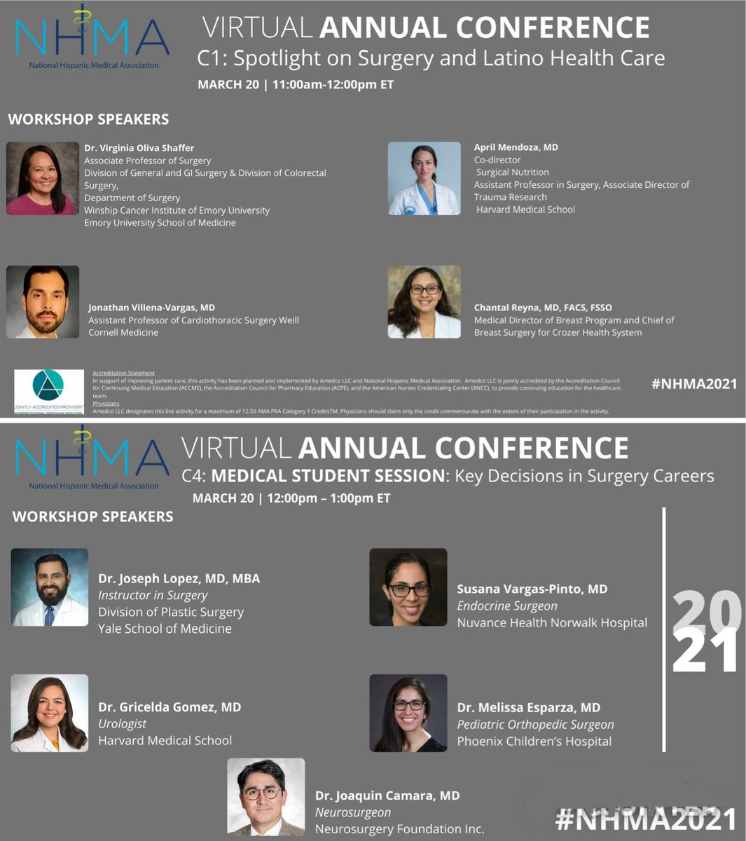 Don’t miss today’s #LSSatNHMA workshops 
C1•Surgical Spotlight on Latino Health
🕚11a-12p EST
C4•Key Decisions in Surgical Careers
🕛12p-1p EST
Amazing #LatinxSurgeons lineup!

More #NHMA2021 info
➡️nhmamd.org/2021-hispanic-…

#ILookLikeASurgeon #MedStudentTwitter