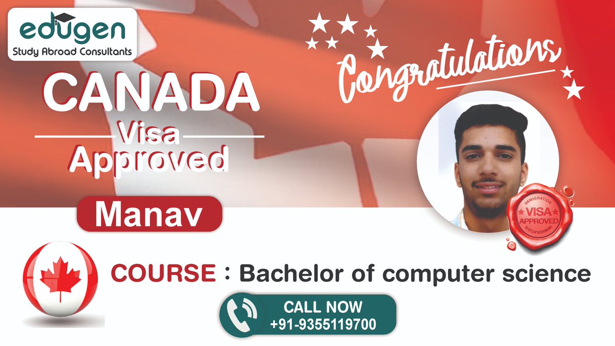 Congratulations Manav for your #VisaApproval to #Canada🎉
We wish you 🏁ride the pace of technology with your knowledge💡 in your #career and fulfil your #dreams💭with dedication🙌
Visit Here - edugenstudy.com
#studyincanada #canada🇨🇦 #bestconsultants