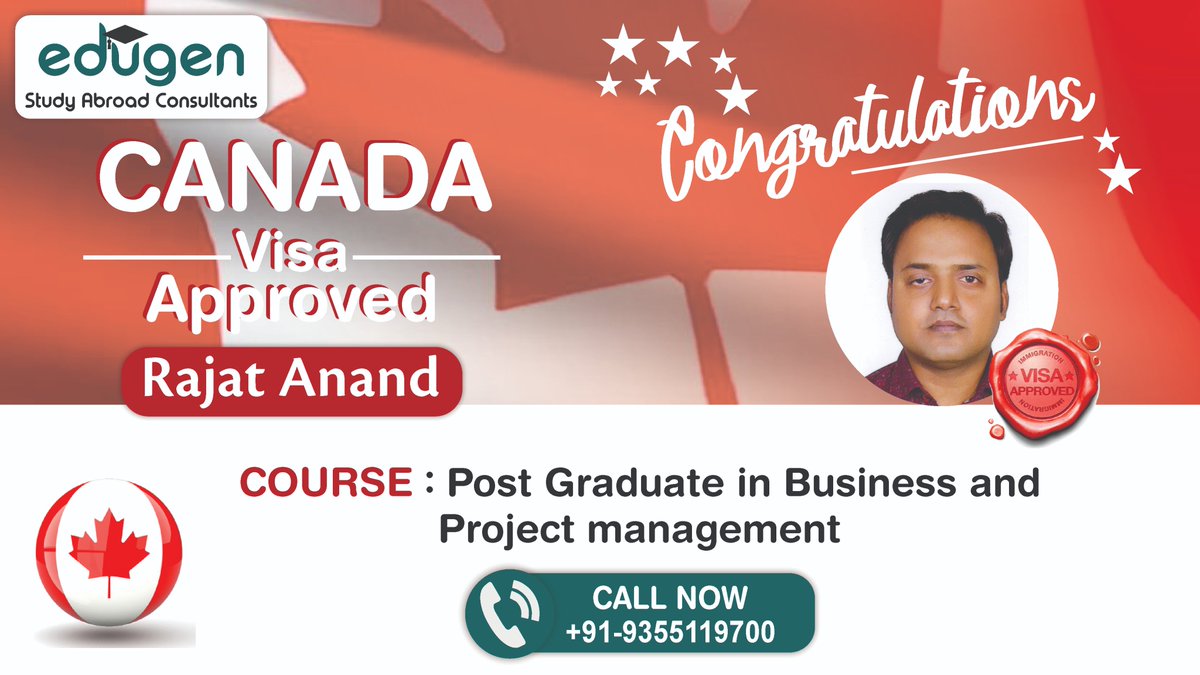 Congratulations Rajat for your Visa Approval to Canada🎉
🎓It's a matter of pride for us to fulfil the dreams💭 of such students who aspire for studying abroad🛩
🙌We wish you a great future✨ahead!

Visit Here - edugenstudy.com
#canada🇨🇦 #visa #studyvisa #students