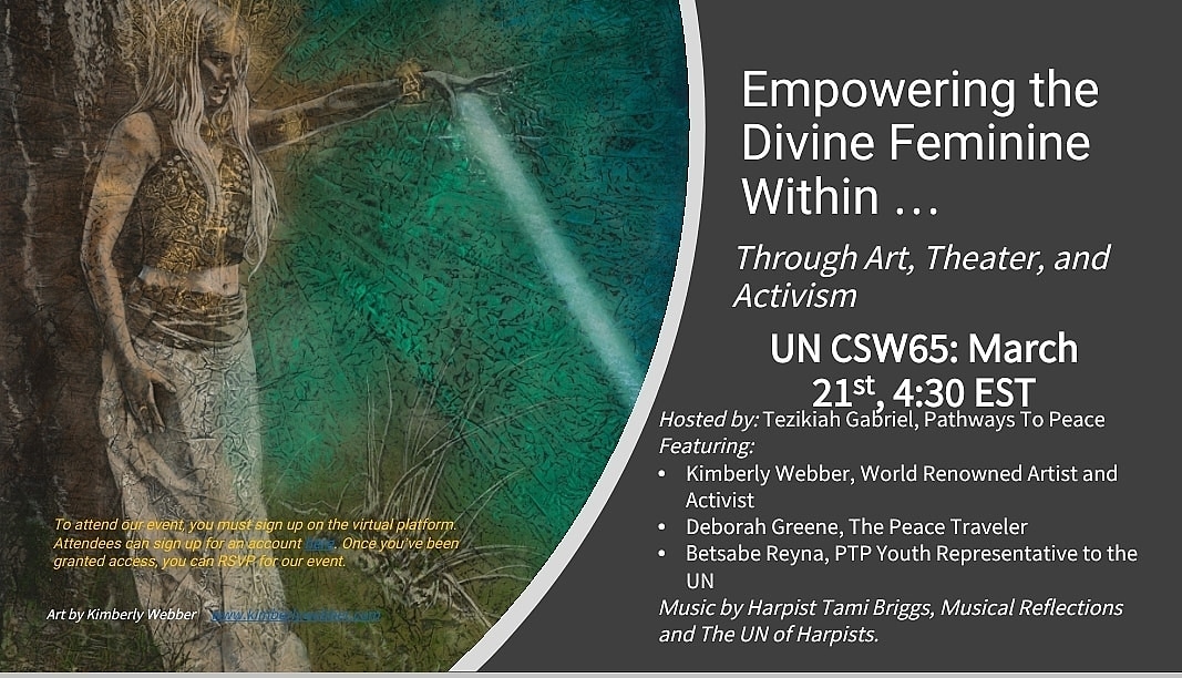 Join Pathways To Peace on March 21st at 4:30pm Est for a discussion on Empowering the Divine Feminine Within… Through Art, Theater and Activism.  To reserve your spot for the event follow the link in our bio.  Registration and attendance are free. 
 
#PathwaysToPeace #UNCSW65