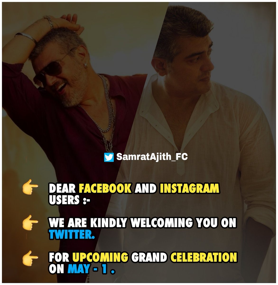 Here We Kindly Welcoming All FaceBooK And Instagram Users On TWITTER .

For #May1 🏆 Grand Celebration ❤👍
@SamratAJITH_FC

#Valimai #AjithKumar
