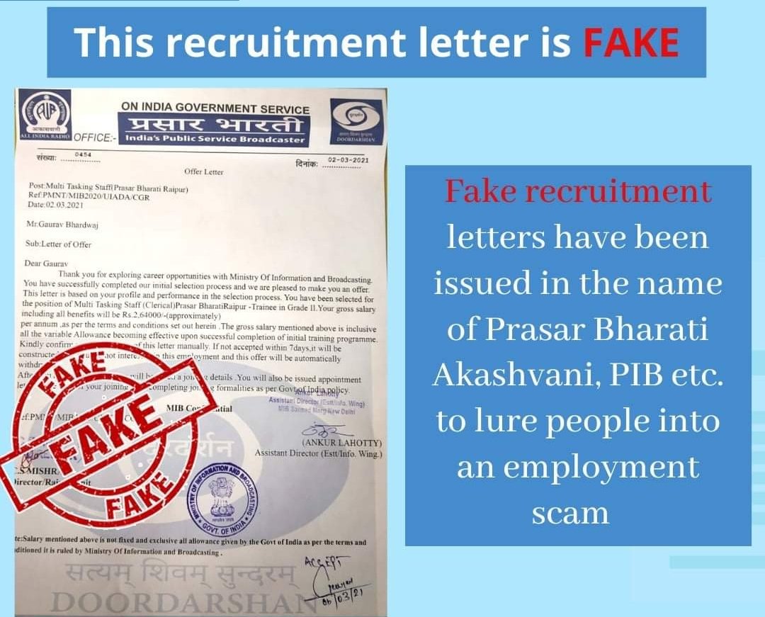 MythBreakersMB's tweet photo. What is fake ? 
An incident has come to light in Raipur of a fraud organisation duping applicants by recruiting them in the name of Prasar Bharati, Akashvani, Press Information Bureau - PIB,  Government of India etc. 

What is true? 
The offer letters issued are #fake https://t.co/l6YlVXRYJJ