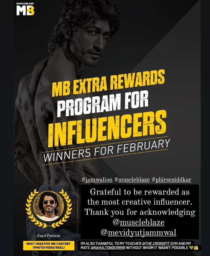 Mekaypee's tweet photo. Grateful to be choosen for the most creative content. Thank you for acknowledging @muscleblaze. Proud of being a part of #Zidd๐ฅโค๏ธ
Bow down to real life inspiration @VidyutJammwal ๐
Thankful to Rahul&shahid bhai too
.
#kaypee #muscleblaze #jammwalion #itrainlikevidyutjammwal https://t.co/RRW5CbP9DP