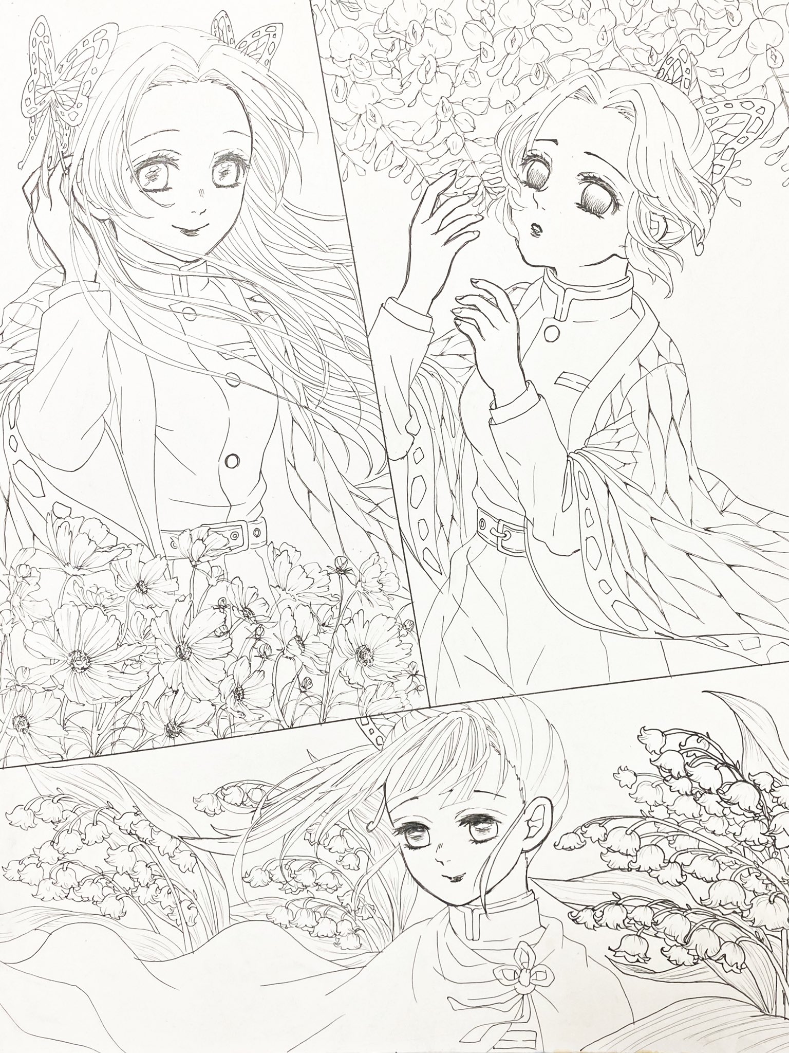 ぴよ やっとペン入れ終わった 綺麗な女の子描くの楽しい 今日色塗りまでしたかったんだけどなー やっぱり筆遅い私笑 鬼滅の刃イラスト 胡蝶三姉妹 胡蝶カナエ 胡蝶しのぶ 栗花落カナヲ T Co Hx4vclvfjg Twitter