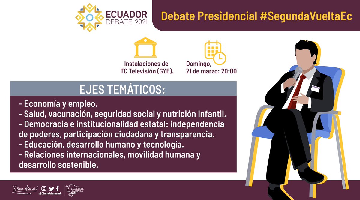 DianaAtamaint's tweet photo. Con el objetivo de promover un #VotoInformadoEc ✅ en la ciudadanía, como @cnegobec desarrollamos #EcuadorDebate2021 entre los candidatos presidenciales de #SegundaVueltaEc: @ecuarauz y @LassoGuillermo. Conozca los ejes temáticos a tratar en este espacio democrático ⤵️ https://t.co/wyJ4mkR1n6