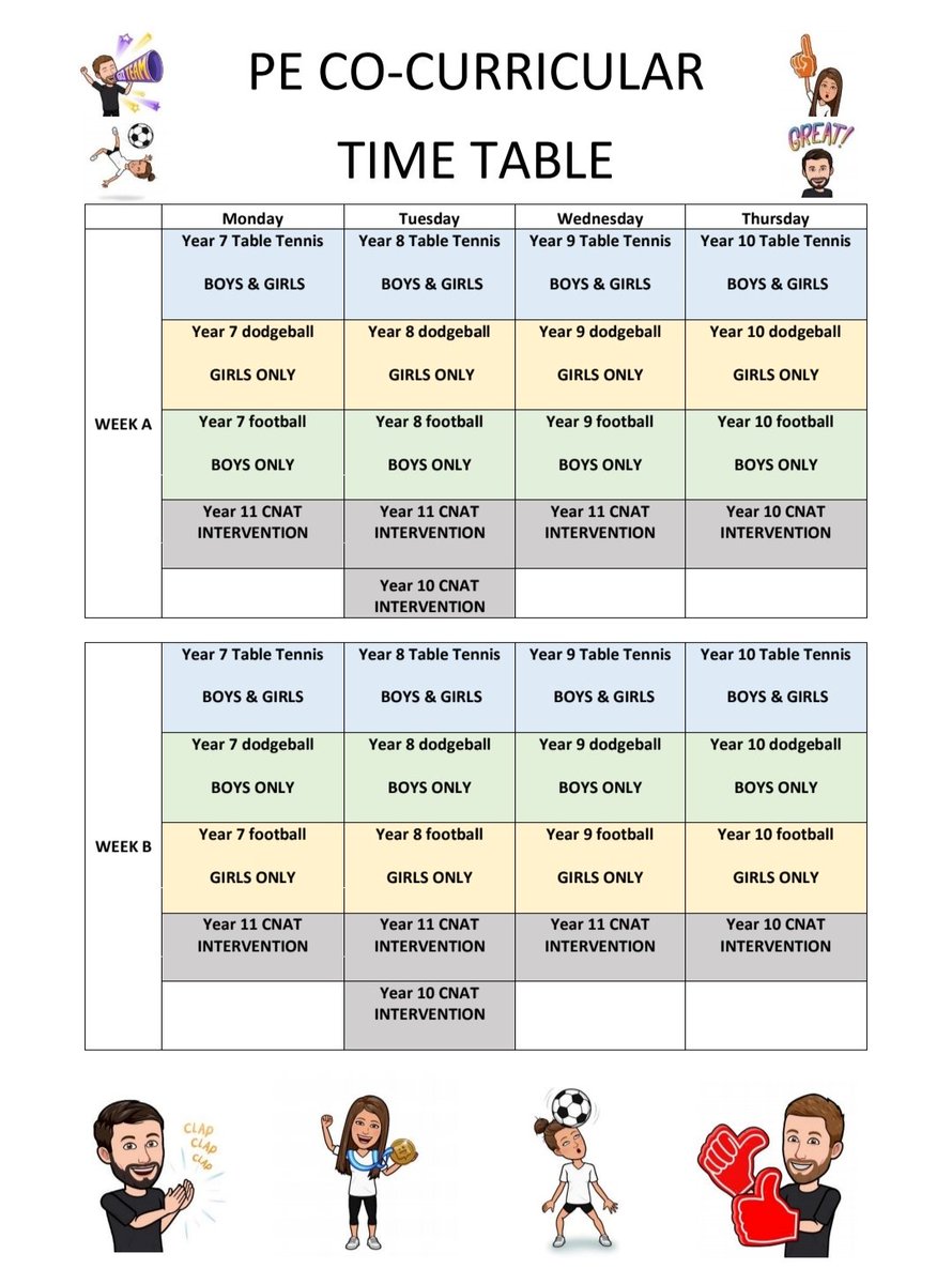 𝗖𝗢-𝗖𝗨𝗥𝗥𝗜𝗖𝗨𝗟𝗔𝗥 𝗜𝗦 𝗕𝗔𝗖𝗞 🎉

Co-curricular sign up will take place next week, Mon-Fri. PE are offering 𝗙𝗼𝗼𝘁𝗯𝗮𝗹𝗹, 𝗗𝗼𝗱𝗴𝗲𝗯𝗮𝗹𝗹 &amp; 𝘁𝗮𝗯𝗹𝗲 𝘁𝗲𝗻𝗻𝗶𝘀 ⚽

Make sure you sign up to the club to secure your place! Clubs will re-start back after Easter!