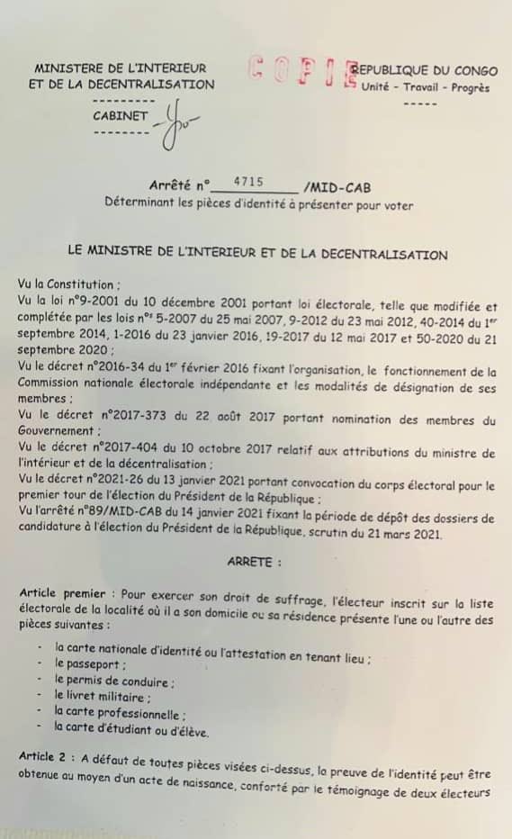 MinistereComCG's tweet photo. 📜 [ARRETÉ - MID] déterminant les pièces d’identité à présenter pour voter ce 21 mars 2021 à l’occasion de l’élection présidentielle. #EP2021 https://t.co/RO0dz9cClD