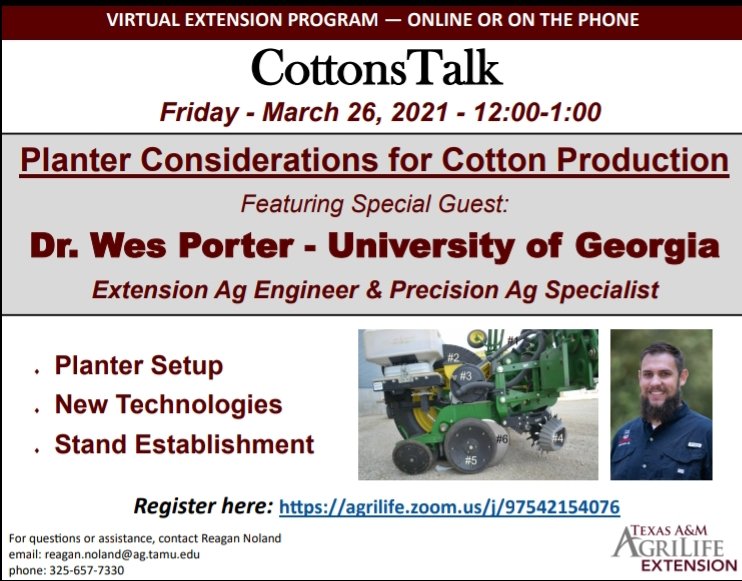 Reagan Noland (@wtxagronomy) on Twitter photo Special guest Dr. Wes Porter will discuss #cotton planter setup and new technologies on Friday (3/26)! Join us for this much-anticipated first-ever crossover event with UGA Extension! #cottonstalk 
<a href="/WesleyMPorter/">Wes Porter-UGA Ext Ag Engineer</a> @GAPrecisionAg
 
agrilife.zoom.us/j/97542154076 Special guest Dr. Wes Porter will discuss #cotton planter setup and new technologies on Friday (3/26)! Join us for this much-anticipated first-ever crossover event with UGA Extension! #cottonstalk 
<a href="/WesleyMPorter/">Wes Porter-UGA Ext Ag Engineer</a> @GAPrecisionAg
 
agrilife.zoom.us/j/97542154076