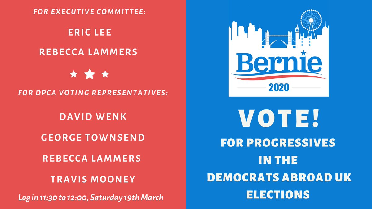 **Voting in the Democrats Abroad UK elections is about to begin** (starting with the chair) For those who have been in the meeting but waiting, please check back in now. 

Voting is done via google form in the chat. We are supporting amazing progressives for some positions: