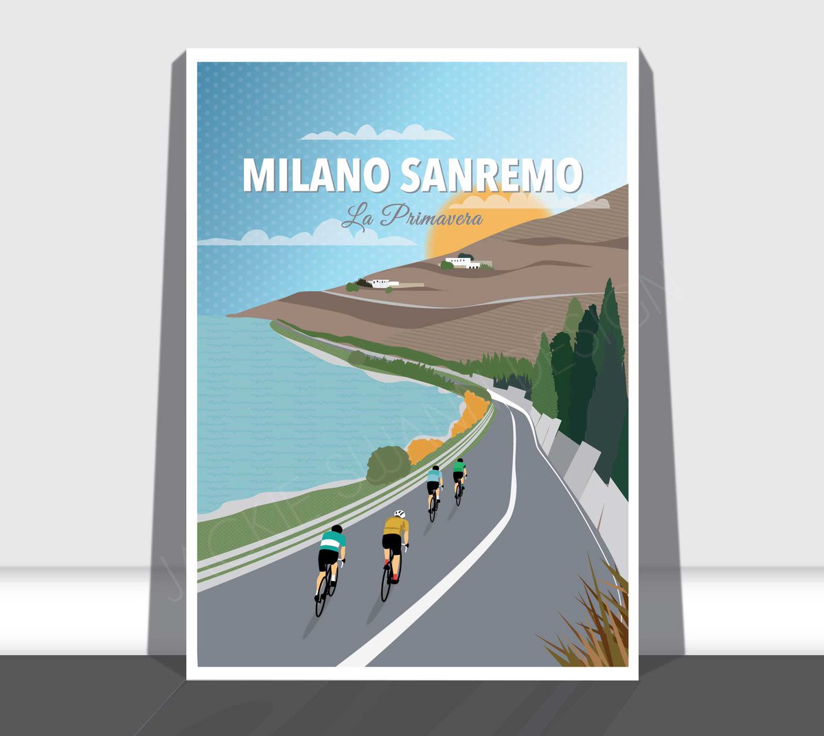 Who’s watching? #MilanoSanremo #cyclingart #gcn #springclassic #monuments #cyclerace #italylandscape Buy my illustrations jackieswanndesign.co.uk/shop