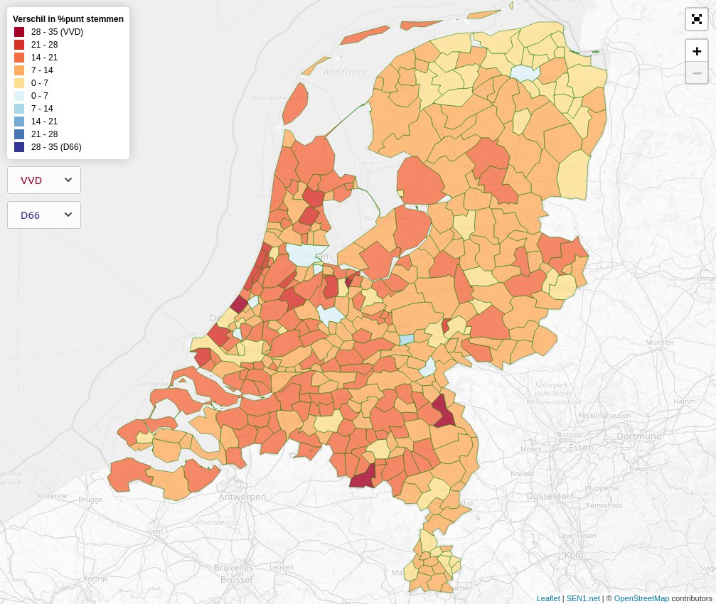 Sen1Of's tweet image. Verkiezingsresultaten #VVD en #D66 vergeleken in #TK2017. sen1.net/tweede-kamer-v…

 #TK2021