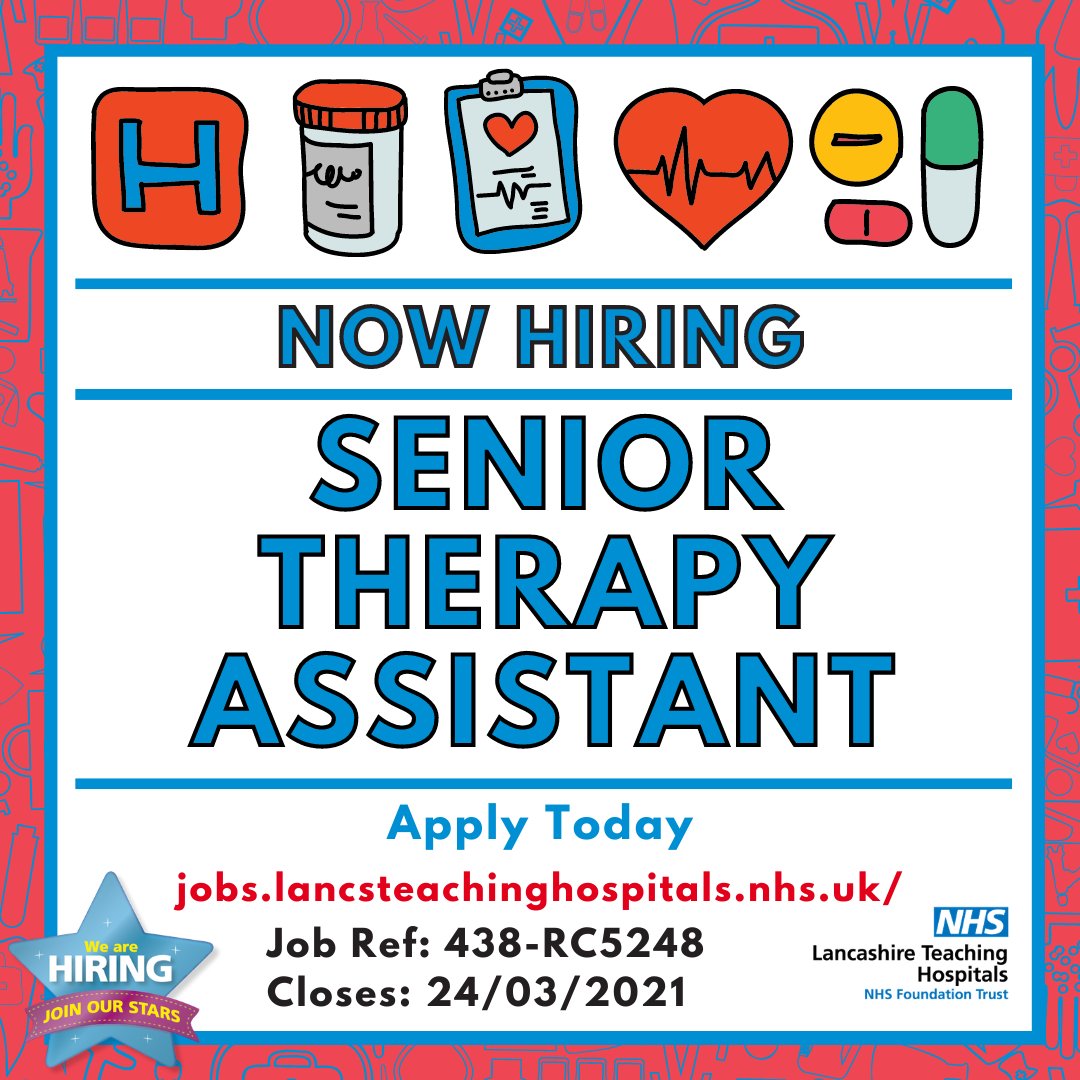 LancsHospJobs's tweet photo. Job Vacancy: Senior Therapy Assistant @LancsHospitals
#Lancashire #LancashireJobs #Jobs #ElderlyCare #Respiratory #SeniorTherapyAssistant #Therapy #Band3 @PhysioOT
Closes: 24/03/2021
See more here:
https://t.co/dIRNOCeWrY https://t.co/wB8kFG4XTz