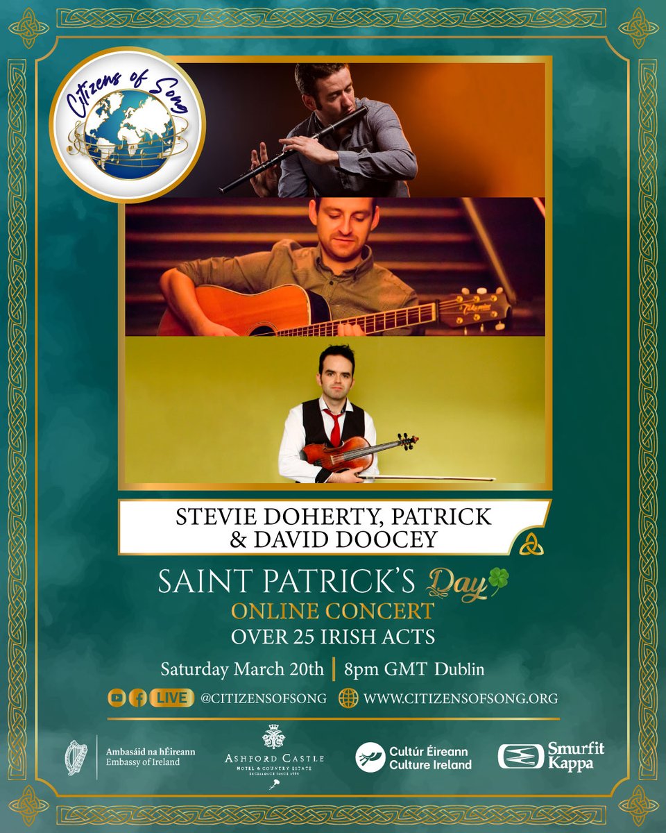 ☘️🇮🇪  And our final announcement for today's show! Introducing Stephen Doherty, <a href="/DavidDoocey/">David Doocey</a> and Patrick Doocey! ☘️🇮🇪 

These three virtuoso musicians from Foxford in County Mayo will perform today at 8pm GMT, 4pm EDT on our FB or Youtube page. Links in bio!
#irishmusic #trad