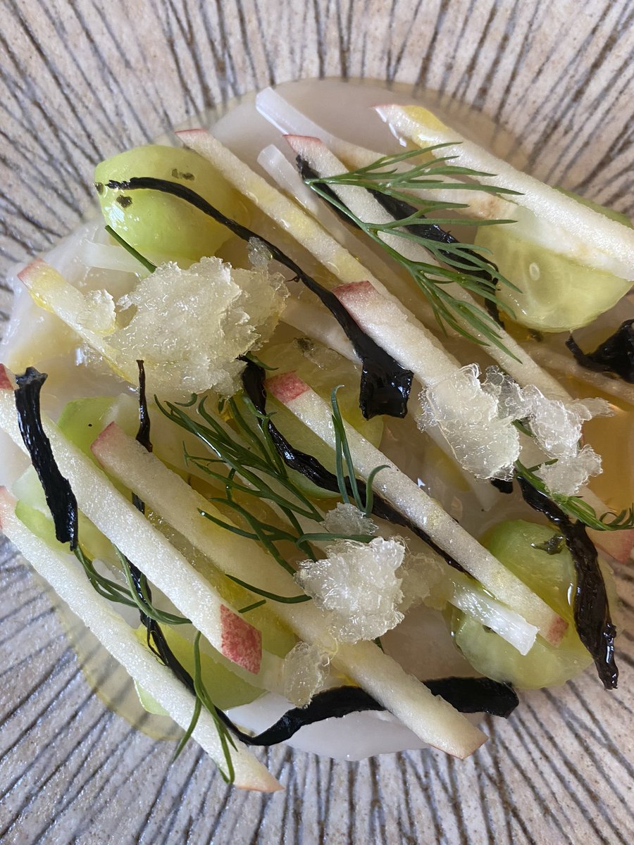 In the kitchen today
Maple cured scallop, cucumber, kelp, apple, dill, pickles, bowmore 15yr old (whisky sour) ice.
Might even get a spot on the menu when we return on the 19th of May. 
#thegannet
#glasgowfood
#handdivedscallops 
#scottishhospitality 
#summer2021 
<a href="/maplecanadauk/">Maple From Canada - UK</a>