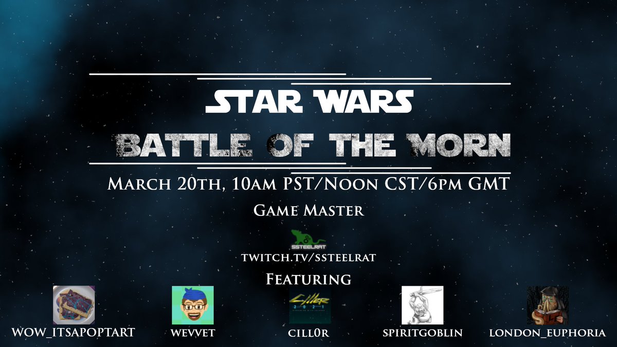 Today's the Day. 12:00 pm CST. Be there. I am one with the force, the force is with me.

twitch.tv/ssteelrat

#starwars #dungeonsanddragons #twitch #TwitchStreamers #TwitchAffliate #twitchstream #StreamerCommunity #streaming #lurkforce