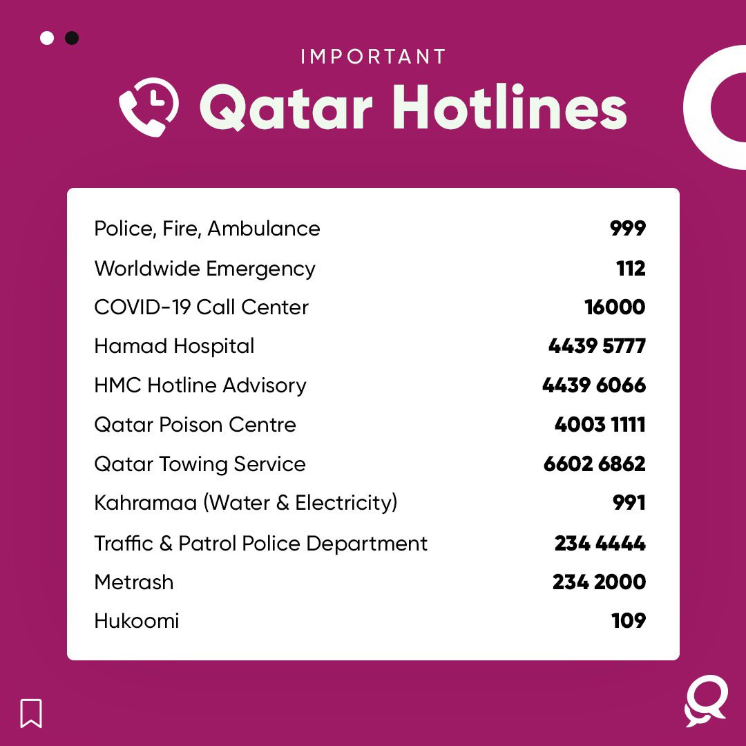qatarliving's tweet photo. Hey QLers, here’s a quick list of important hotlines to keep in mind to aid your life in Qatar for emergencies, reference, questions and/or concerns.

#Qatar #QatarLiving #QLQatarHotlines #QLCommunity #LifeInQatar https://t.co/Sy8gyYLnbt