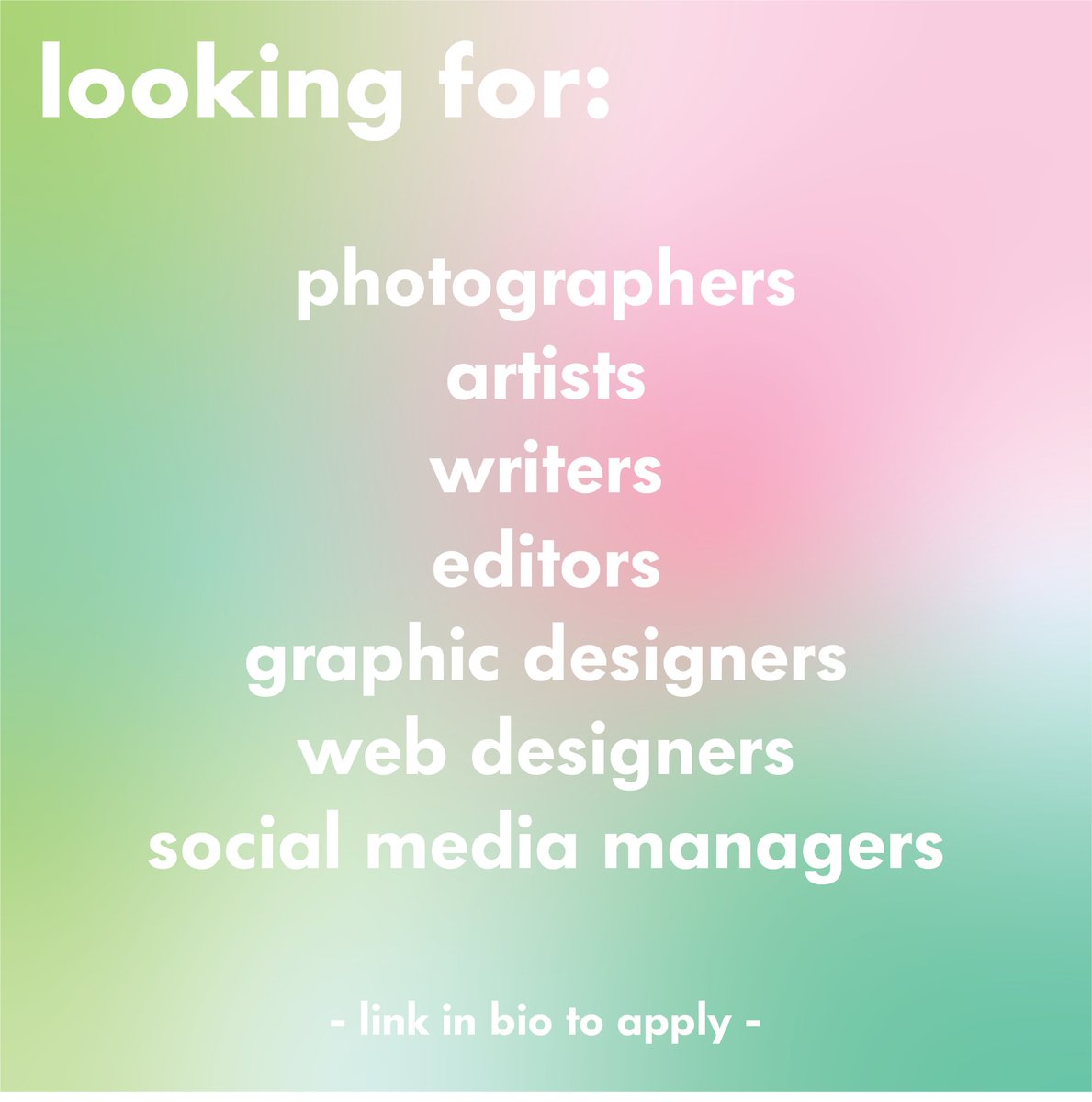 we are looking for new volunteer team members! 

open positions: 
⊹ photographers
⊹ artists
⊹ writers 
⊹ editors
⊹ graphic designers 
⊹ web designers
⊹ social media managers

apply now through this form! forms.gle/tNDJmENR1fzvNb…