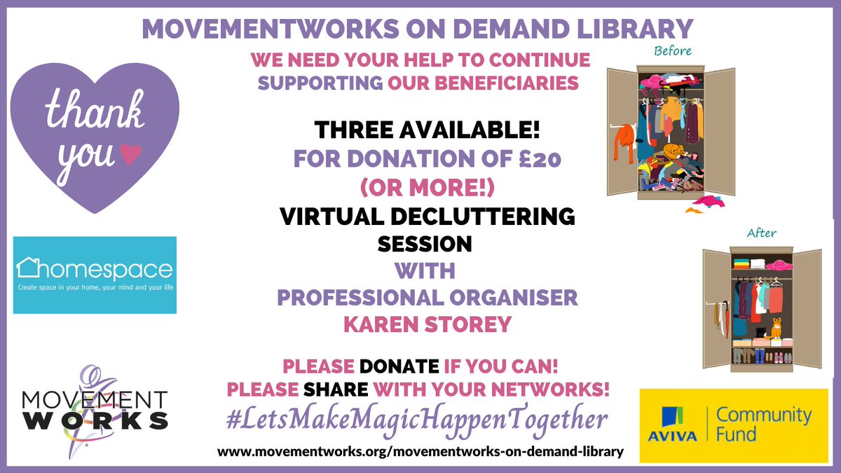 MovementWorksEd's tweet photo. #SpringClean #Virtual #Decluttering session with @HomespaceUK - just one of our #SpecialThanks #Rewards available for a #donation to our #MovementWorks #Crowdfunding campaign https://t.co/iXB2AmCCkG #TreatYourself #GetOrganised #DontMissOut #GoodiesForDoingGood https://t.co/DoMUXEXRBJ