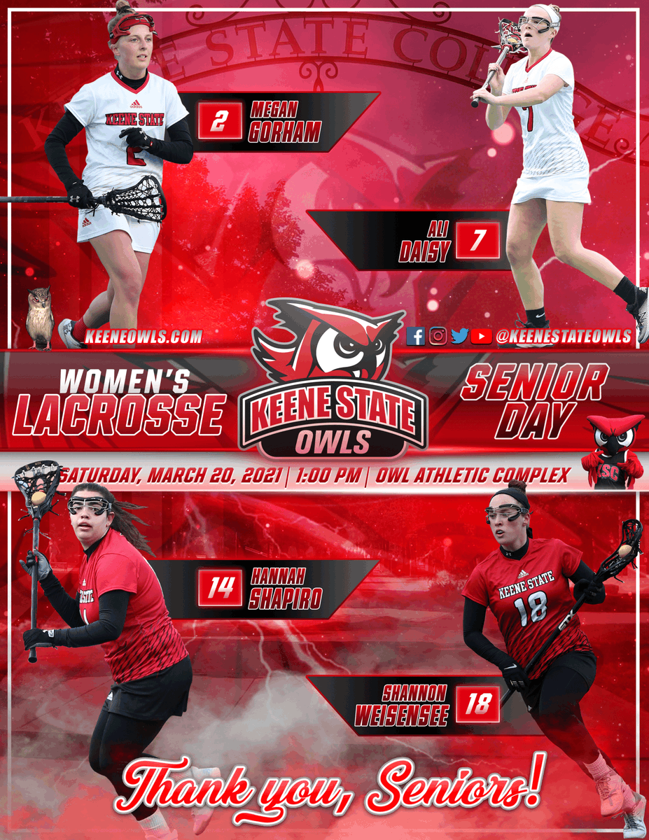 .<a href="/KSCWLAX/">KSC Women's Lacrosse</a> hosts senior days from the Owl Athletic Complex at 1:00 pm! Here are your gameday links: 
🎥Video: littleeast.tv/keene/
🗒 Game Program: keeneowls.com/documents/2021…