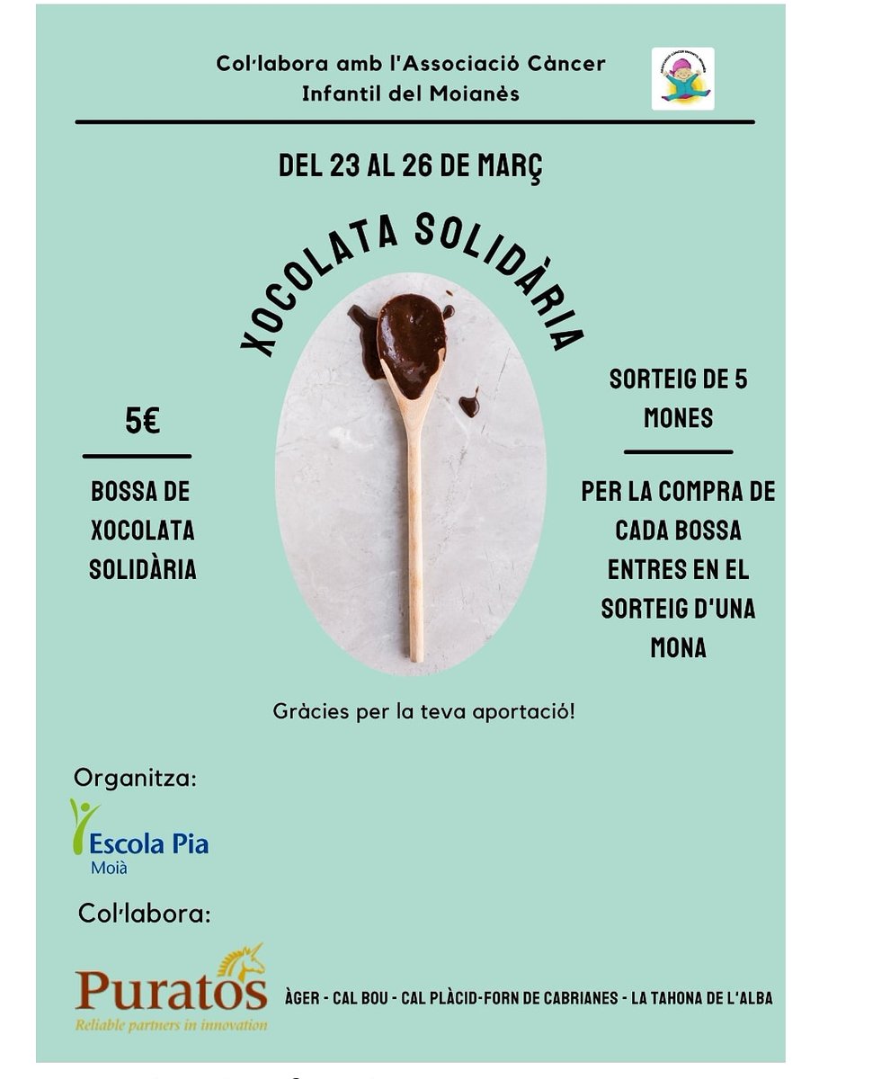 Gran iniciativa des de @escolapiamoia amb la col·laboració de @puratosspain !!!!!

🍫Voleu gaudir de la xocolata solidària i entrar al sorteig d'una mona? per 5€ ho aconseguiràs i ens ajudaràs.
Moltíssimes gràcies!!!