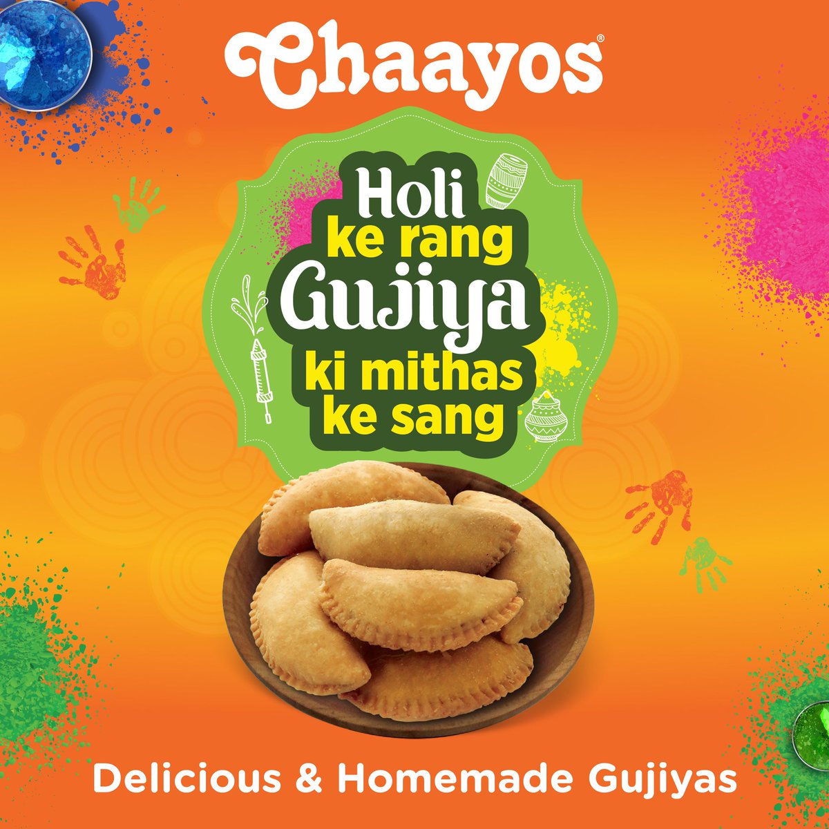 Chaayos's tweet photo. Holi and Gujiyas are inseparable! This time around, make sure to indulge in the sweet goodness from Chaayos while you play the festival of colours with your loved ones https://t.co/UeiqVBq0Ai