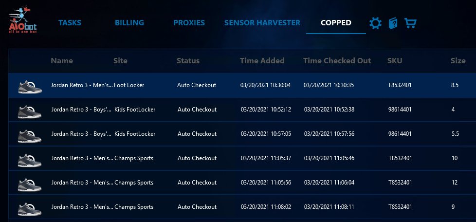 Plenty of success today! Day started rocky but we prevailed.

Bots: <a href="/ANB_AIO/">AIO bot</a> <a href="/Dashe/">Dashe</a> <a href="/Cybersole/">Cybersole</a> 
Proxies: @anbproxies <a href="/LiveProxies/">Live Proxies</a> <a href="/ChiCooked/">Chi Proxies</a> @Chiron_Proxies
Server: <a href="/IcedOutServers/">Iced Out Servers</a> (+ AWS)
CAPTCHA: <a href="/aycd_io/">AYCD</a> CLUTCH
ACO: <a href="/sneakrsquadx/">SSX</a> <a href="/splashnotifyaio/">Splash Notify</a>