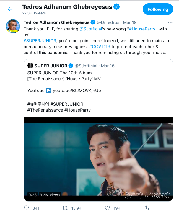 #WorldHealthOrganization's Director-General thanks legendary Korean group #SuperJunior on their new title track #HouseParty and its meaningful message which encourages people to stay home and stay safe during the ongoing pandemic👏🎶😷👑👑👑👑👑👑👑👑👑💚
facebook.com/worldmusicawar…