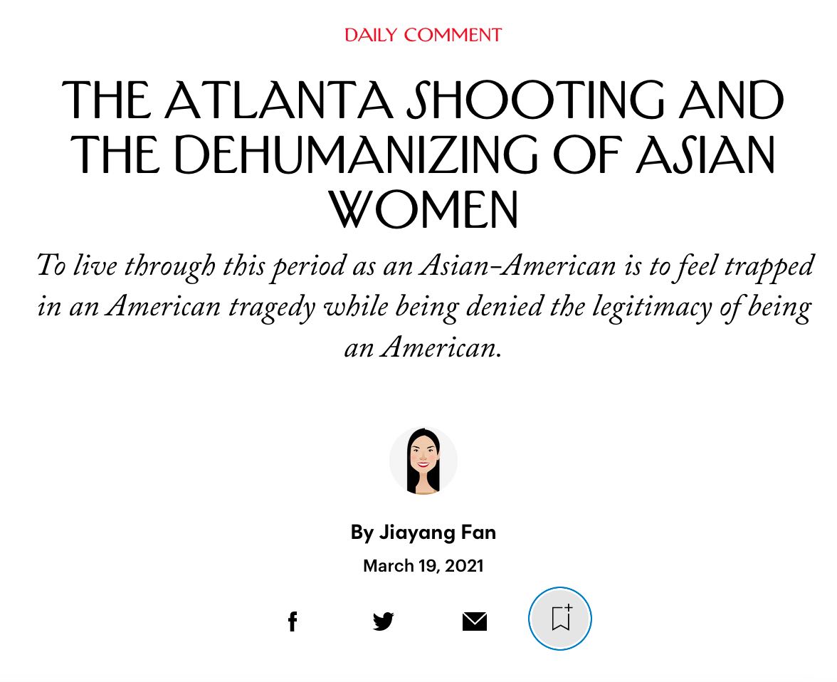 I was moved by this: 'To live through this period as an Asian-American is to feel defenseless against a virus as well as a virulent strain of scapegoating. It is to feel trapped in an American tragedy while being denied the legitimacy of being an American.’ <a href="/NewYorker/">The New Yorker</a> <a href="/JiayangFan/">Jiayang Fan 樊嘉扬</a>