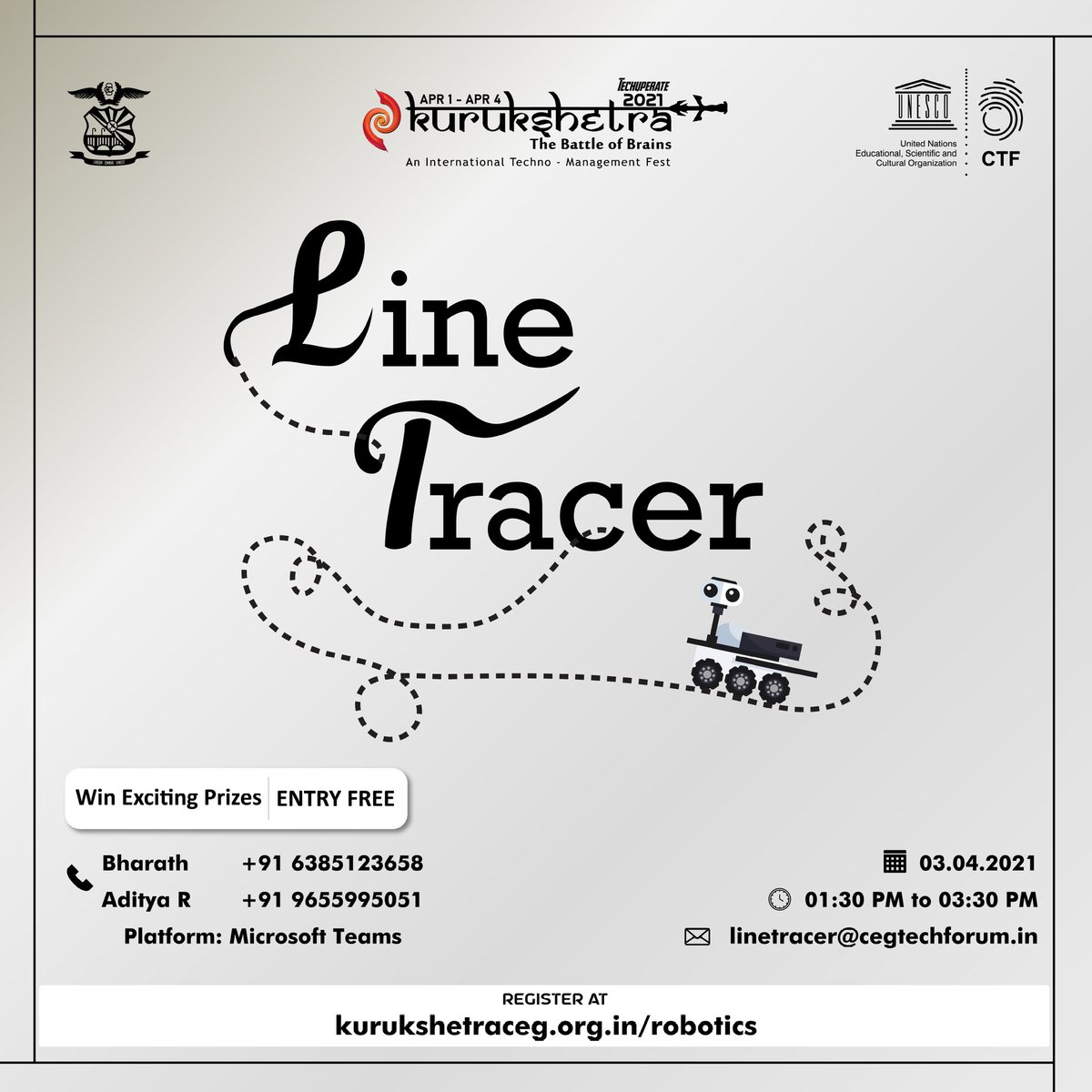 kurukshetra_ceg's tweet photo. Make your Robot trace the line and win amazing rewards!
Join the Kurukshetra's special Line Tracer and have a visual treat on several Robots competing to trace the path accurately!
Register at https://t.co/e3hO0MguyU
#Kurukshetra21 #event #linetracer #cashprize #prizes https://t.co/FNYoCzjvcs