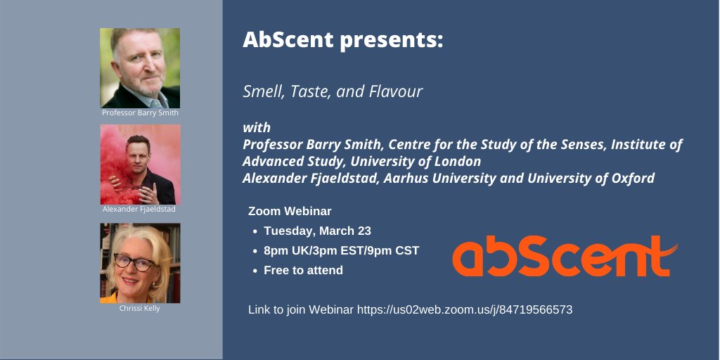 Join Tuesday's Webinar when Professor Barry Smith and Alexander Fjaeldstad will be discussing smell, taste and flavour. Tuesday 23 March, 8pm UK/9pm CET/3pm EST. <a href="/smithbarryc/">Barry C Smith</a> <a href="/AFjaeldstad/">Alexander Fjaeldstad</a> Here's your free zoom link bit.ly/3qOoyfY