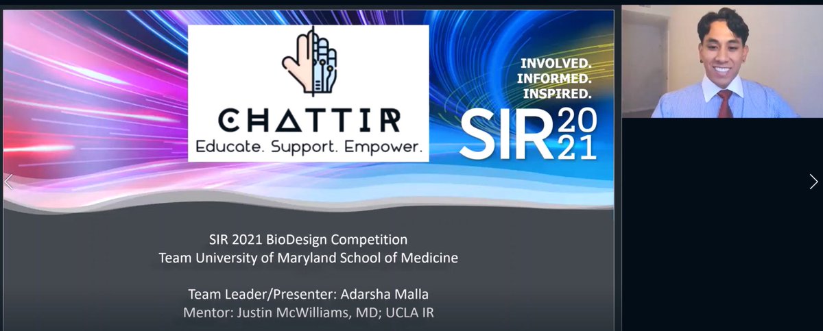 Adarsha Malla (@adarshamalla) on Twitter photo Excited to present our BioDesign solution today at #SIR2021 on behalf of our team of medical students from <a href="/UMmedschool/">University of Maryland School of Medicine</a> and mentors from <a href="/uclaVIR/">UCLA IR</a> <a href="/pryce227/">Justin McWilliams</a> and <a href="/kevinsealsmd/">Kevin Seals, MD</a>! #Irad #TwittIR #Biotech Excited to present our BioDesign solution today at #SIR2021 on behalf of our team of medical students from <a href="/UMmedschool/">University of Maryland School of Medicine</a> and mentors from <a href="/uclaVIR/">UCLA IR</a> <a href="/pryce227/">Justin McWilliams</a> and <a href="/kevinsealsmd/">Kevin Seals, MD</a>! #Irad #TwittIR #Biotech