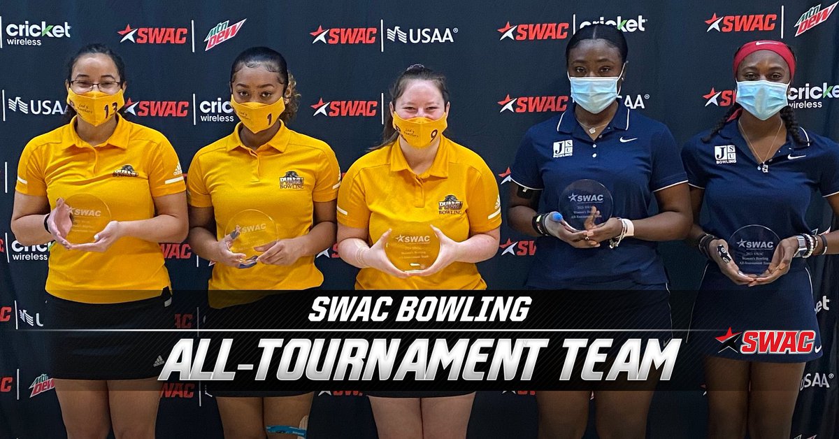 theswac's tweet photo. Congratulations to the 2021 SWAC Women’s Bowling All-Tournament Team. 

From L-R, Asia Wren (PVAMU), Patricia Rosales (PVAMU), Crystal Cline (PVAMU), Capri Howard (JSU), and Kaia Gray (JSU). https://t.co/FPoCmpjcp9