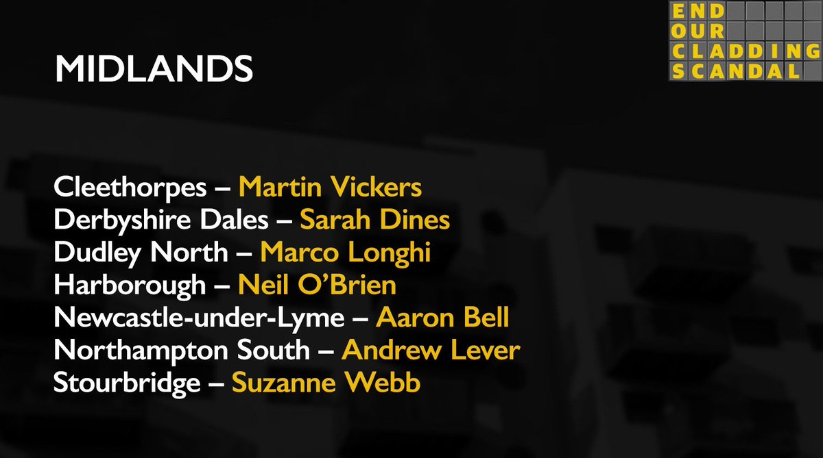 🔎 Do you have family or friends in the constituencies below 👇

Even if they're not personally impacted by the #CladdingScandal, they can help.

Ask them to urgently email their MP using this template

endourcladdingscandal.eaction.org.uk/emailmpnew2 

Please share 🙏