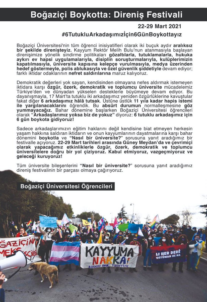 Boğaziçi Boykotta✊
İki buçuk aydır direnişteyiz! 
Bahar dönemini BOYKOT ile açıyoruz! 

22-29 Mart arası 6 gün boyunca 6 tutuklu arkadaşımız için boykottayız! Eşit, demokratik, özerk üniversiteyi ellerimizle kuracağız!
@boundayanisma

#6TutukluArkadaşımızİçin6GünBoykottayız