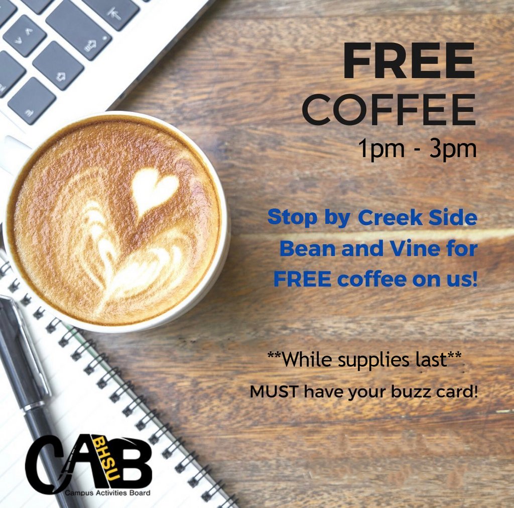 Stop by Creekside Bean &amp; Vine tomorrow (Sunday, March 21st) for some FREE COFFEE on CAB anytime between 1pm-3pm!!☕️