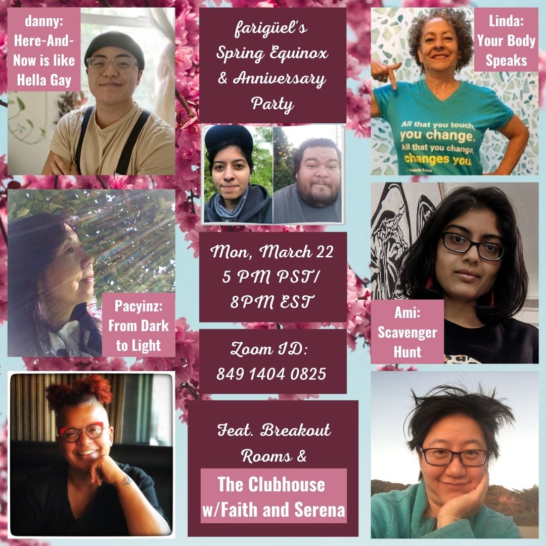 join us for farigüel presents Spring Equinox &amp; Anniversary Party Mon, March 22 @ 5PM PST/8PM EST Feat. breakout rooms and Faith&amp;Serena: The ClubHouse.  it's gonna be a night.  bipocwritingcommunity.wordpress.com
#BIPoCWritingParty #BIPoC