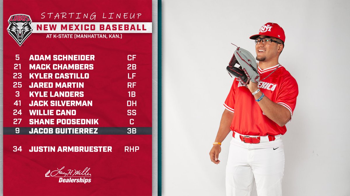UNMLoboBaseball's tweet photo. Here's a look at our lineup! Watch NOW on ESPN+ or listen live @1017theteam!

#GoLobos https://t.co/Er9m8Sbw5E